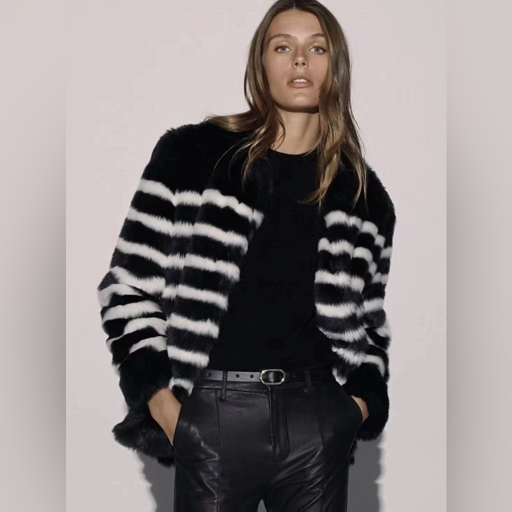 NWT $625 Frame Jerry Stripe Faux Fur Coat